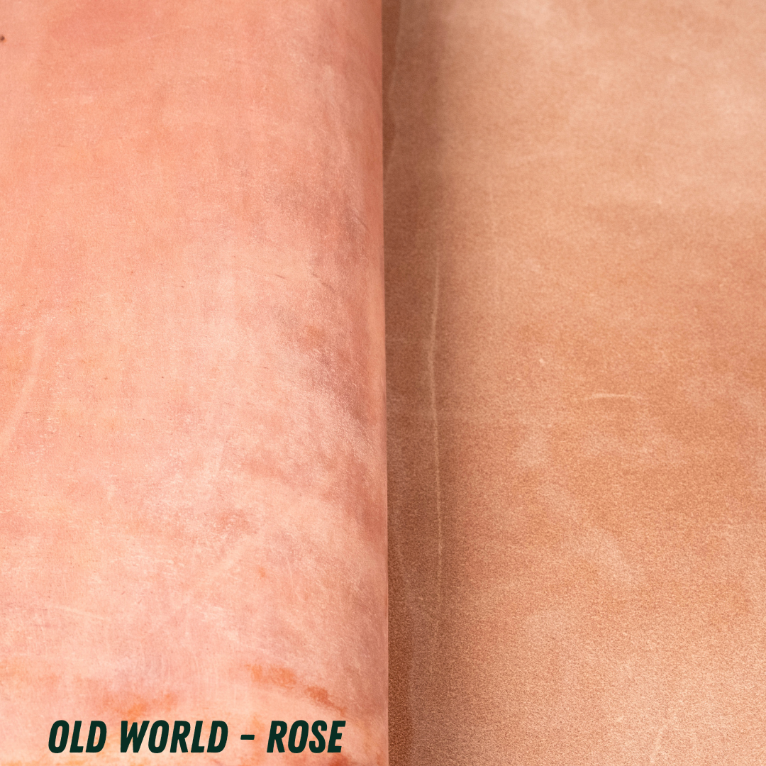 Natural leather rolled out showing smooth side on left and roughout side on right. Bottom left reads 'OLD WORLD - ROSE'.