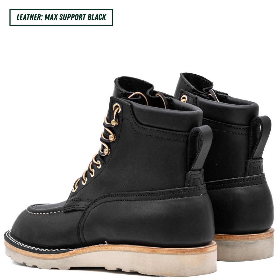 A pair of black leather lace-up boots shown from the side and back on a white background, with a text label in the top-left corner that reads 'LEATHER: MAX SUPPORT BLACK'.