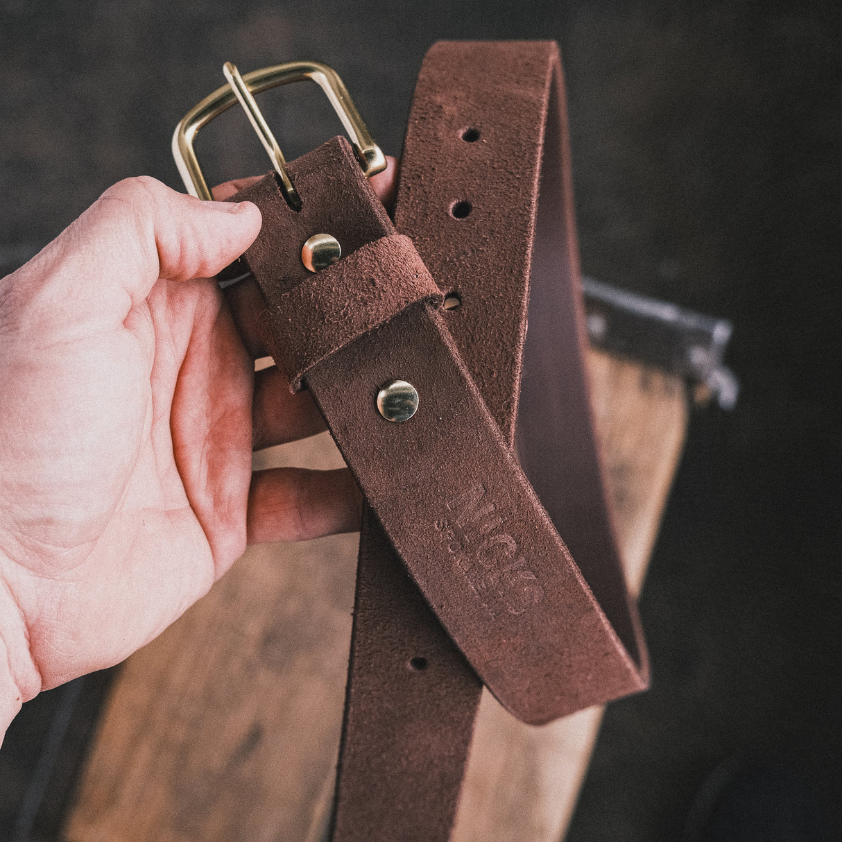 In-Stock Classic Work Belt / 1964 Roughout Mahogany 1.5” / Waist Size 34(Belt Size 38)