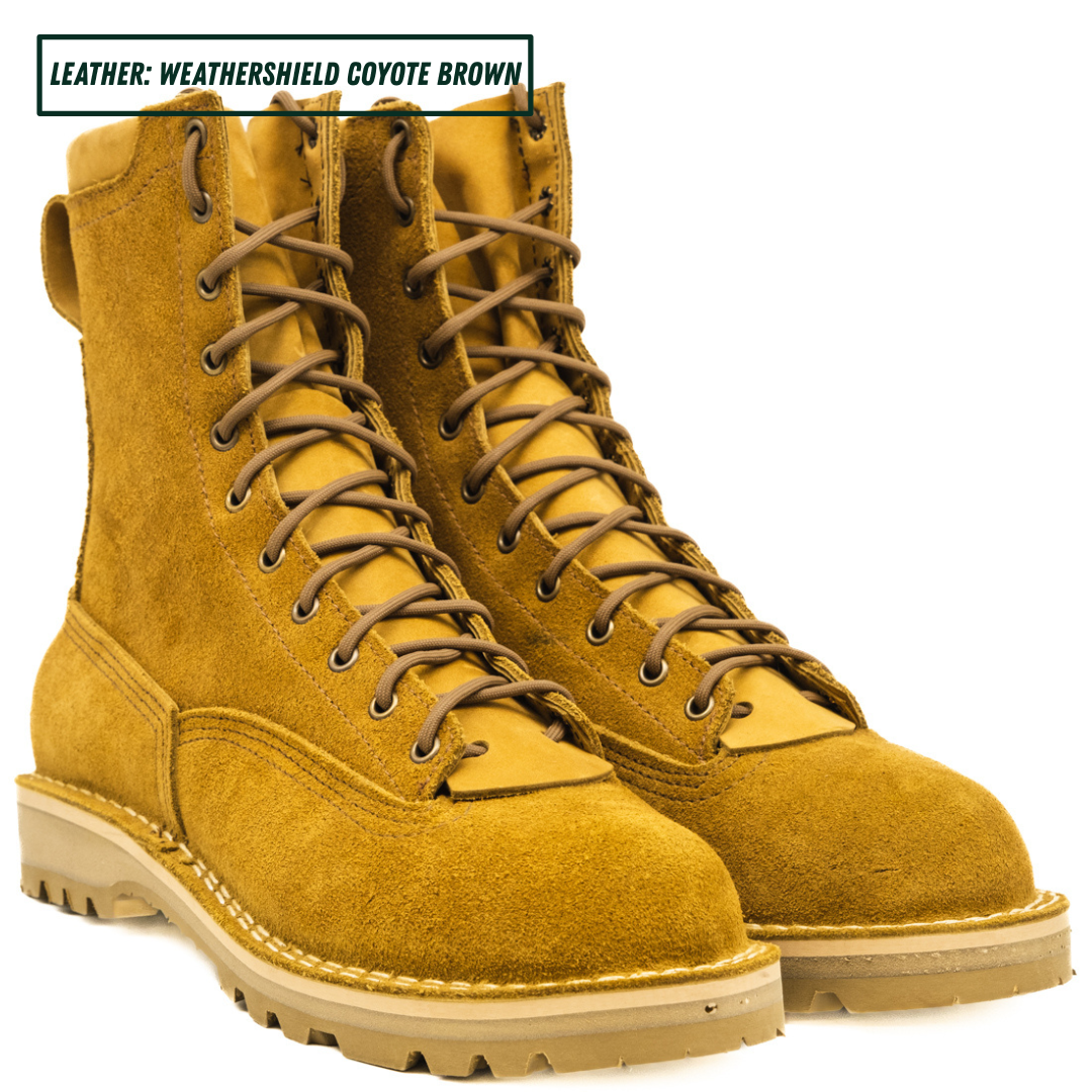 Lace to toe tactical boots. Both sitting together facing forward right. Text on top left reads "LEATHER: WEATHERSHIELD COYOTE BROWN."
