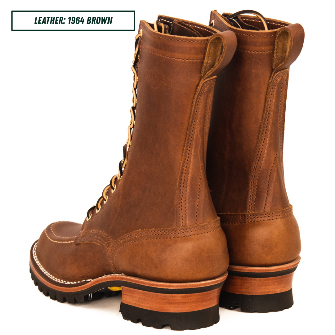 A pair of tall brown leather lace-up boots shown from the side and back on a white background, with a text label in the top-left corner reading 'LEATHER: 1964 BROWN'.