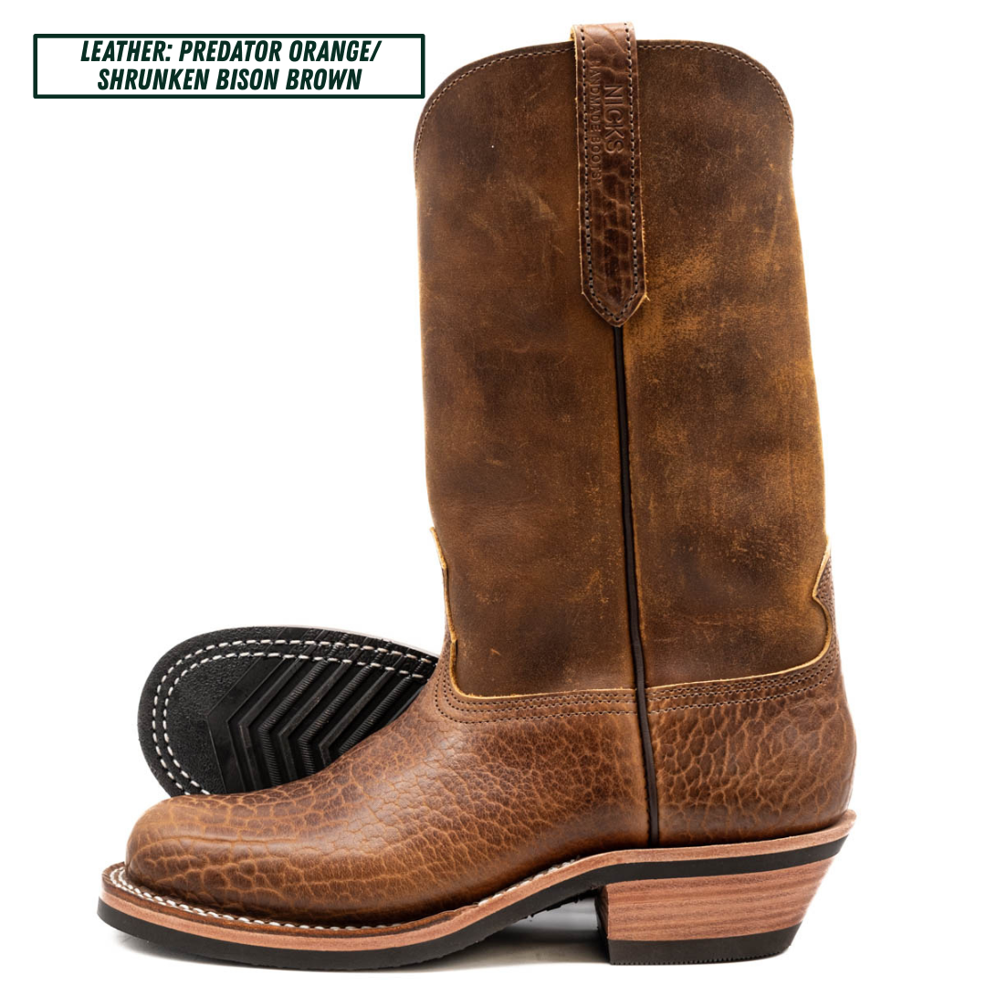 Palouse Western boot in the Ranchhand colorway. Predator orange uppers and shrunken bison brown lowers with white background.