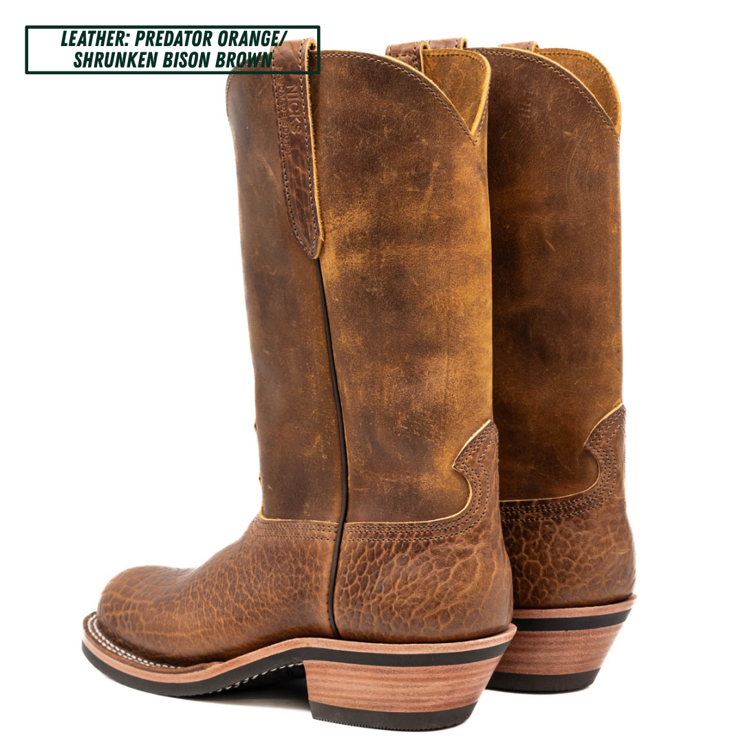 A pair of distressed leather cowboy boots in a brown shade labeled 'Predator Orange / Shrunken Bison Brown' on a white background.
