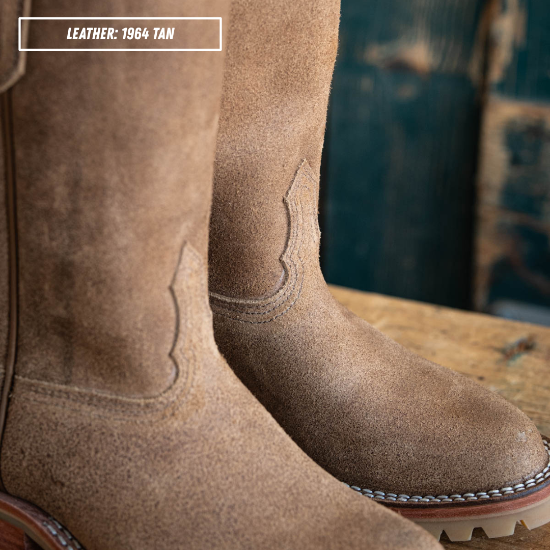 Detail shot of instep on Palouse western boot. Top left reads 'LEATHER: 1964 TAN'.