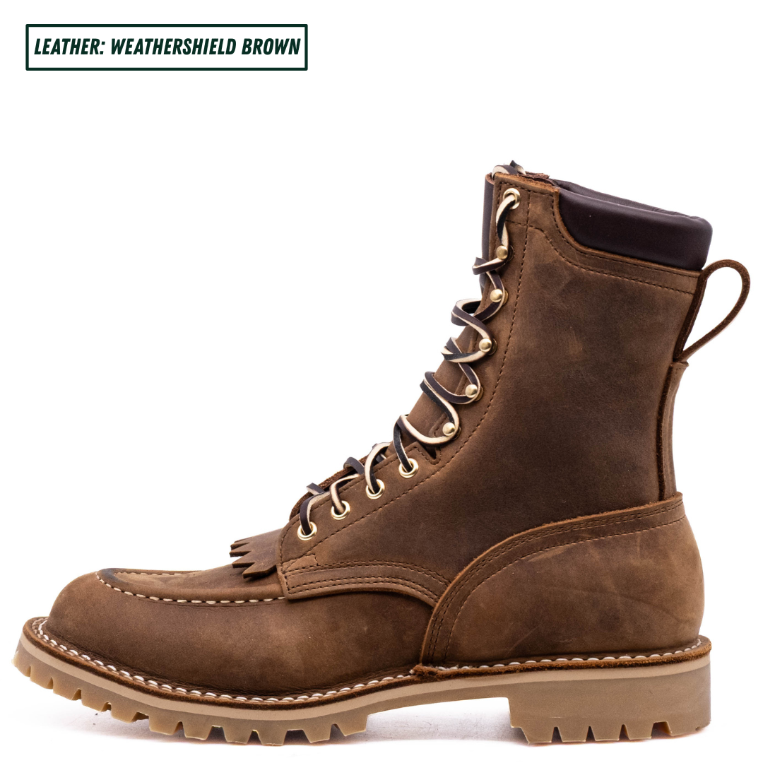 A brown leather lace-up boot shown on a white background, boot standing upright. A text label in the top left corner reads 'LEATHER: WEATHERSHIELD BROWN'.