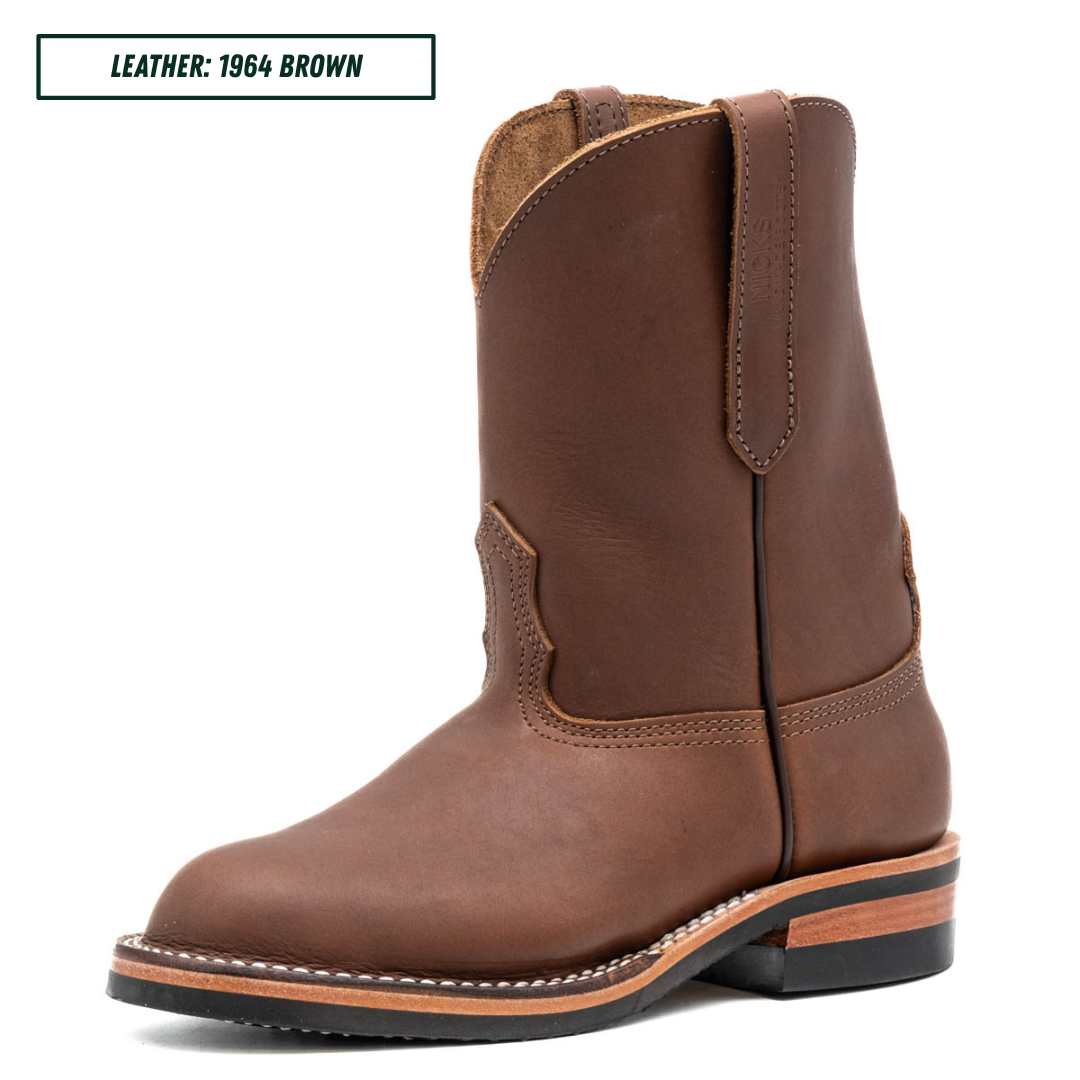 One boot sitting alone in front of white background. Top left reads 'LEATHER: 1964 BROWN'.