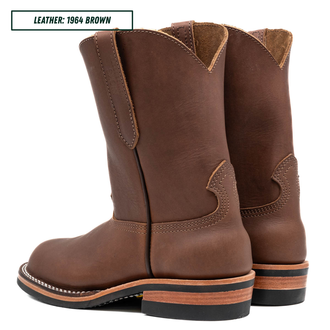 A pair of brown leather cowboy boots shown from the side and back on a white background, with a text label in the top-left corner reading 'LEATHER: 1964 BROWN'.