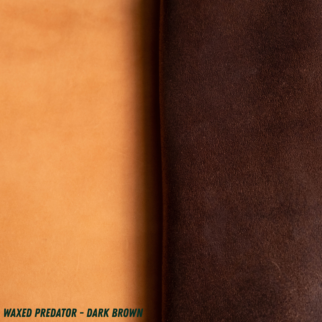 A close-up of smooth and waxed sides of a leather roll, with a warm tan/caramel section on the left and a dark brown section on the right. Text at the bottom reads 'WAXED PREDATOR - DARK BROWN'.