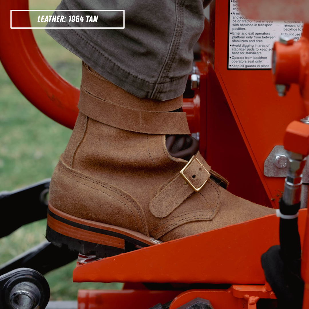 Model wearing tan tankerpros while working on red machinery. Top left reads 'LEATHER: 1964 TAN'.