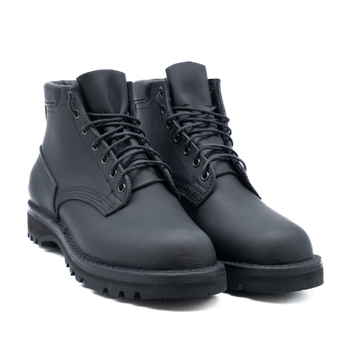 5 inch black boot with padded color.  Vibram Sierra aggressive sole.  Pull loop on back.