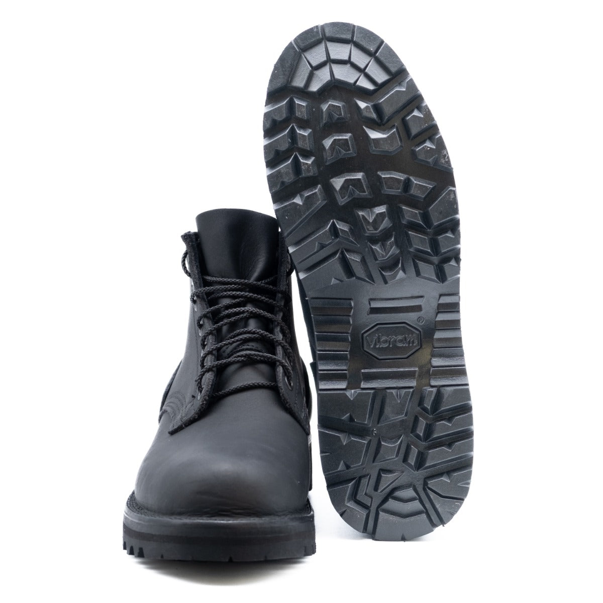 5 inch black boot with padded color.  Vibram Sierra aggressive sole.  Pull loop on back.