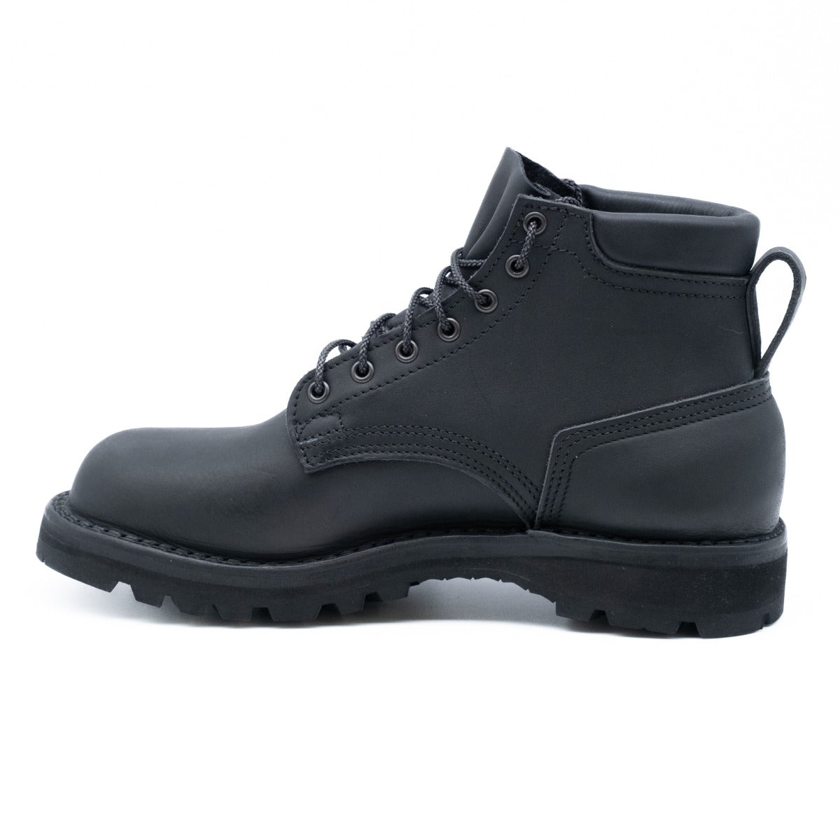 5 inch black boot with padded color.  Vibram Sierra aggressive sole.  Pull loop on back.