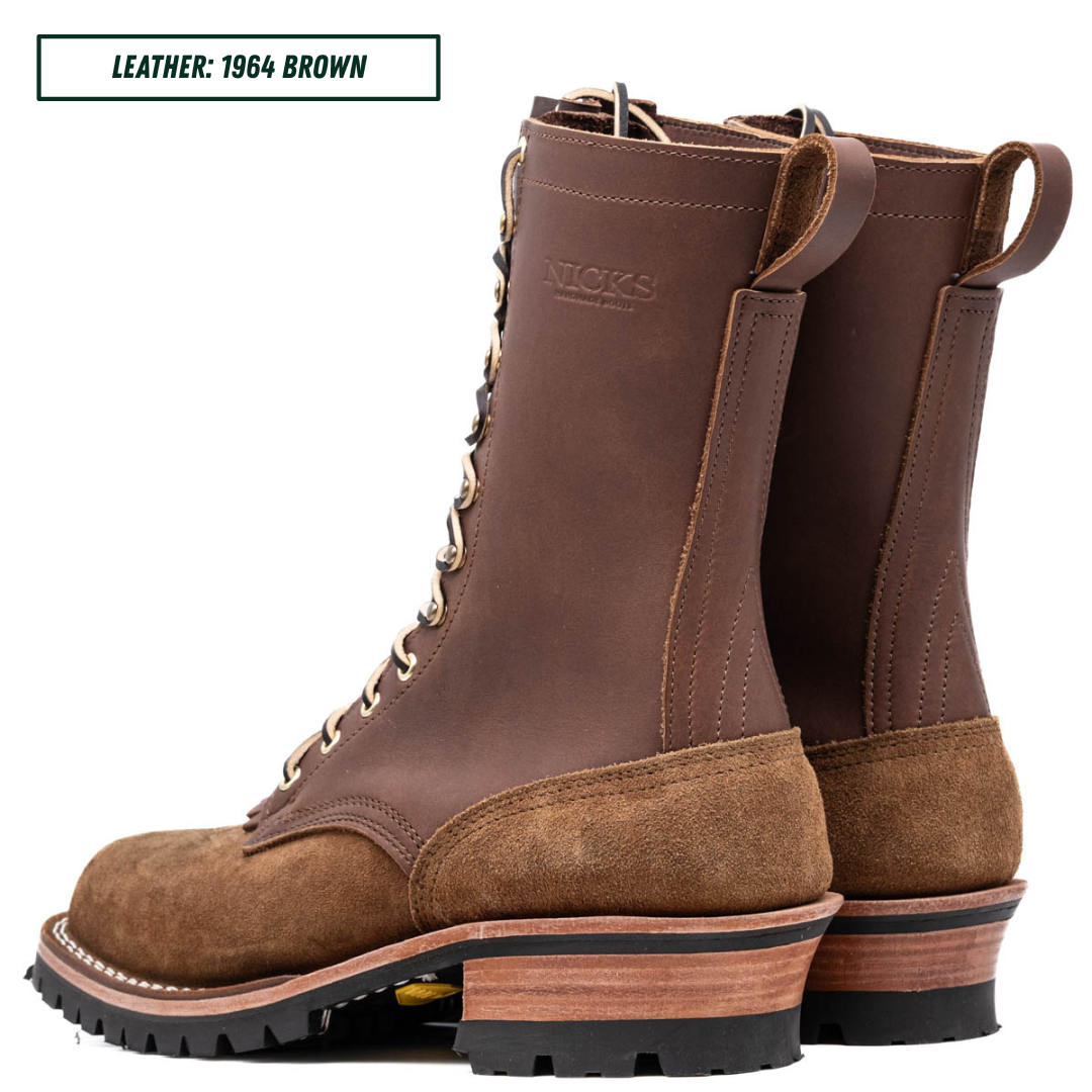 A pair of brown leather lace-up boots shown on a white background, with a text label in the top-left corner reading 'LEATHER: 1964 BROWN'. The boots feature a dark brown leather shaft, a lighter brown suede toe and heel, and a stacked wood-look midsole with a black outsole.