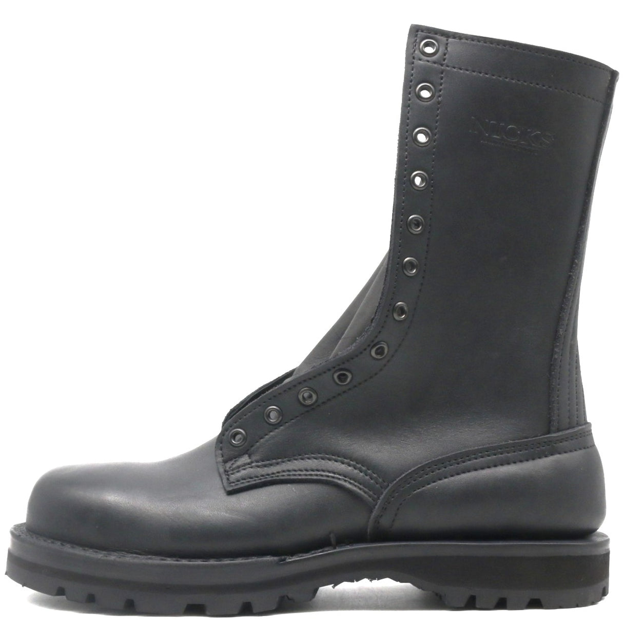 A single black leather lace-up work boot with a thick lug sole, shown in a side profile on a white background.