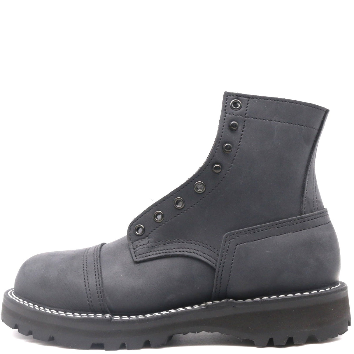 A dark gray leather lace-up ankle boot with silver metal eyelets, white contrast stitching, and a rugged black sole, shown from a side profile on a white background.