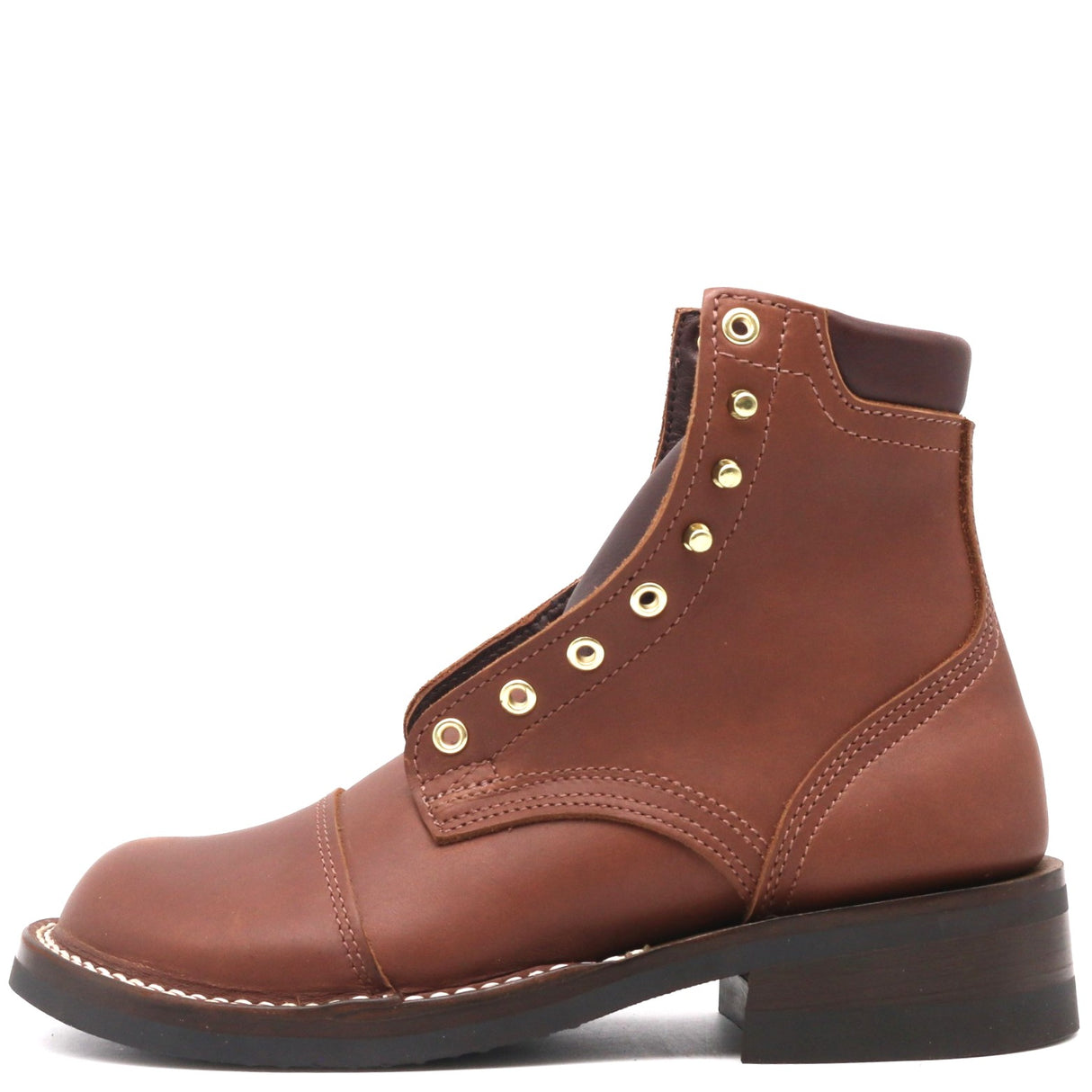 A brown leather lace-up ankle boot with gold-tone metal eyelets and a dark sole, shown in a side profile on a white background.