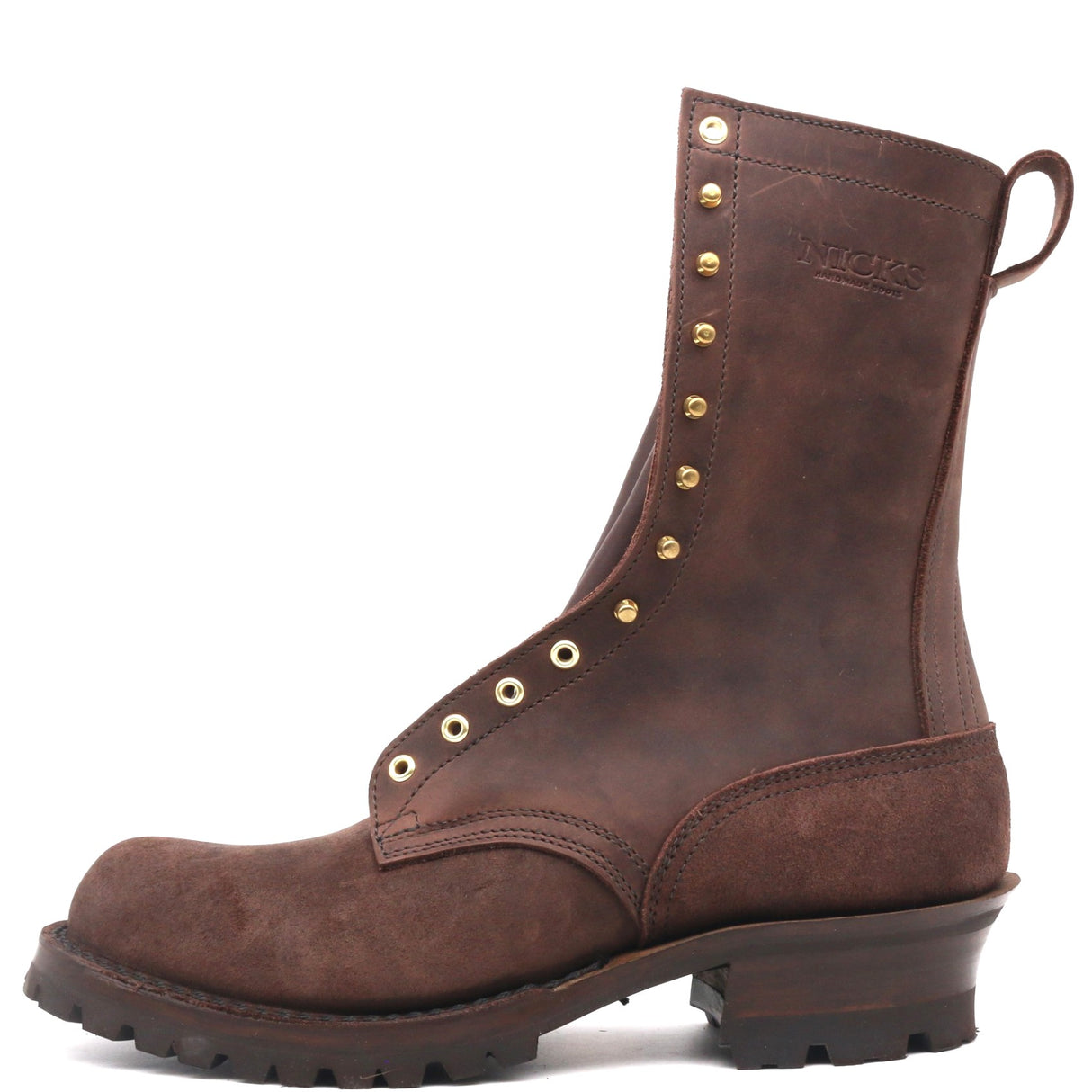 A dark brown leather lace-up boot with gold-tone metal eyelets and studs, featuring a pull loop at the top and a rugged sole, shown against a plain white background.