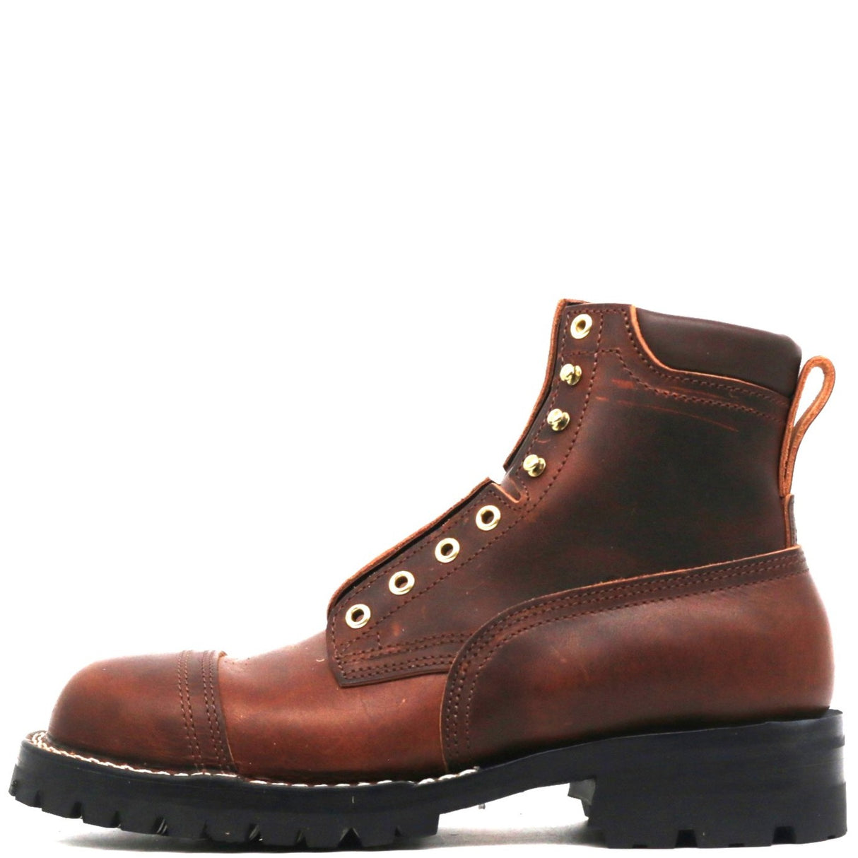 A brown leather lace-up ankle boot with brass eyelets, a black lug sole, and a pull tab on the heel, shown from a side profile against a white background.