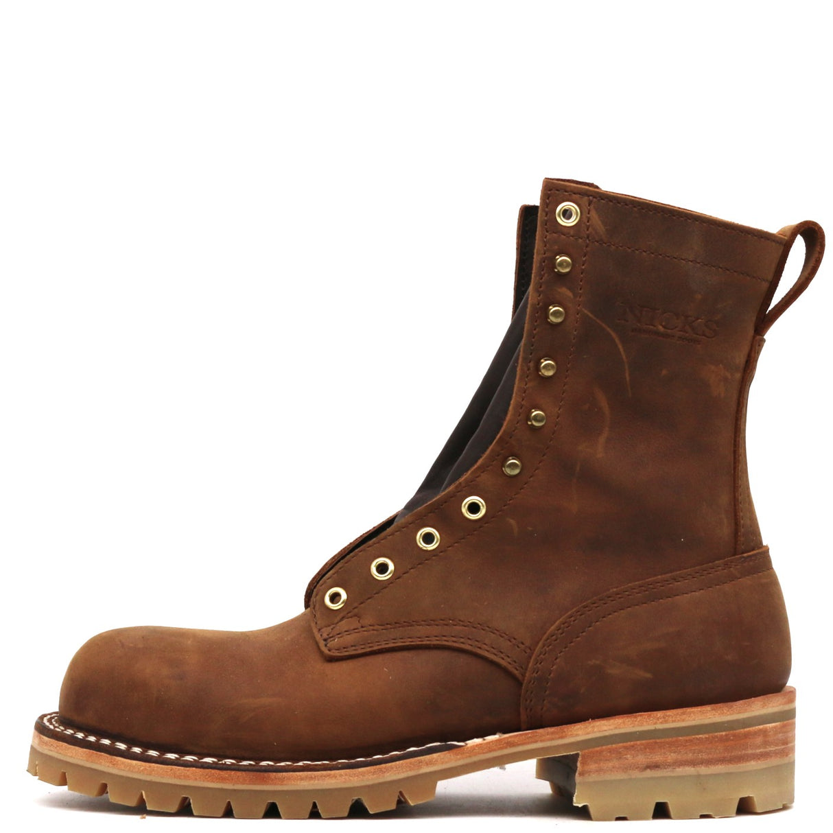 A brown leather lace-up boot with brass eyelets, a pull tab, and a rugged lug sole, shown from a side profile on a white background.