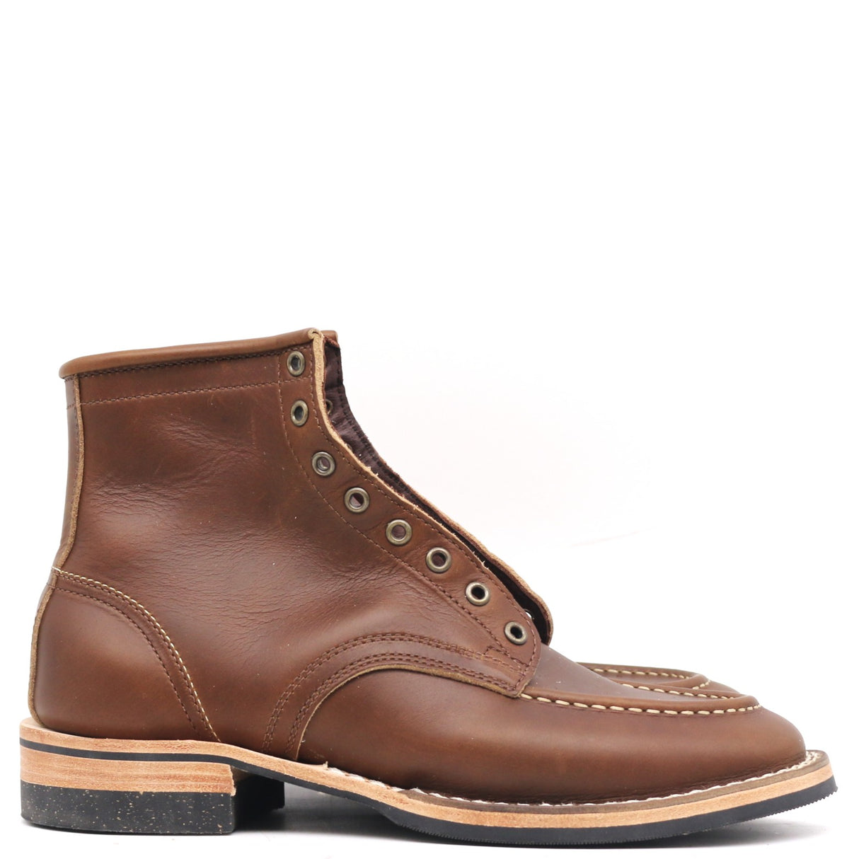 A single brown leather lace-up ankle boot with decorative stitching, metal eyelets, and a stacked sole, shown from a side profile on a white background.