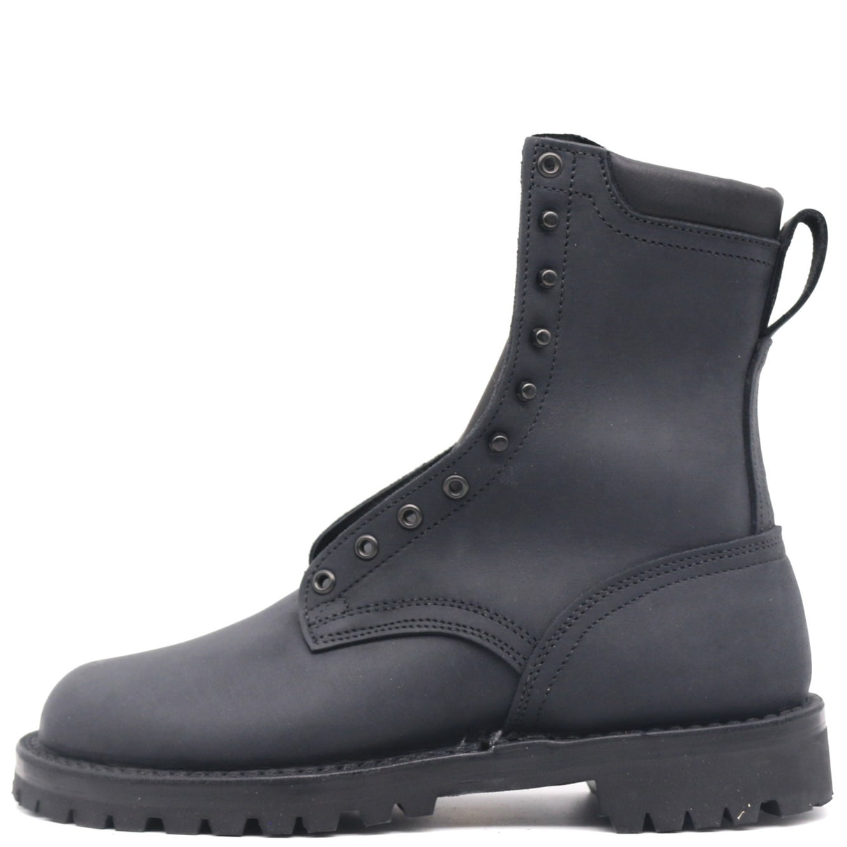 A single black leather lace-up ankle boot with a rugged sole, shown in a side profile view against a plain white background.