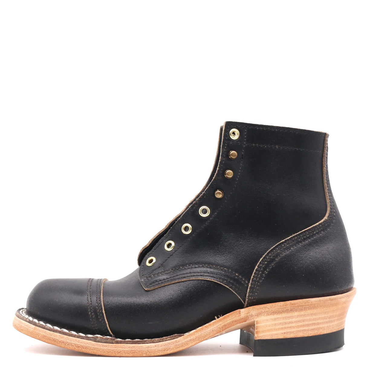 A black leather lace-up ankle boot with a cap toe, gold-tone eyelets, and a stacked wood-look heel, shown in profile against a white background.