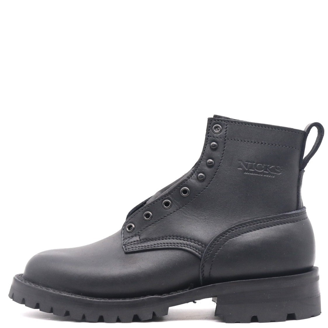 A black leather lace-up ankle boot with a thick lug sole, shown from a side profile on a white background. The brand name 'NICKS' is embossed on the side of the ankle collar.
