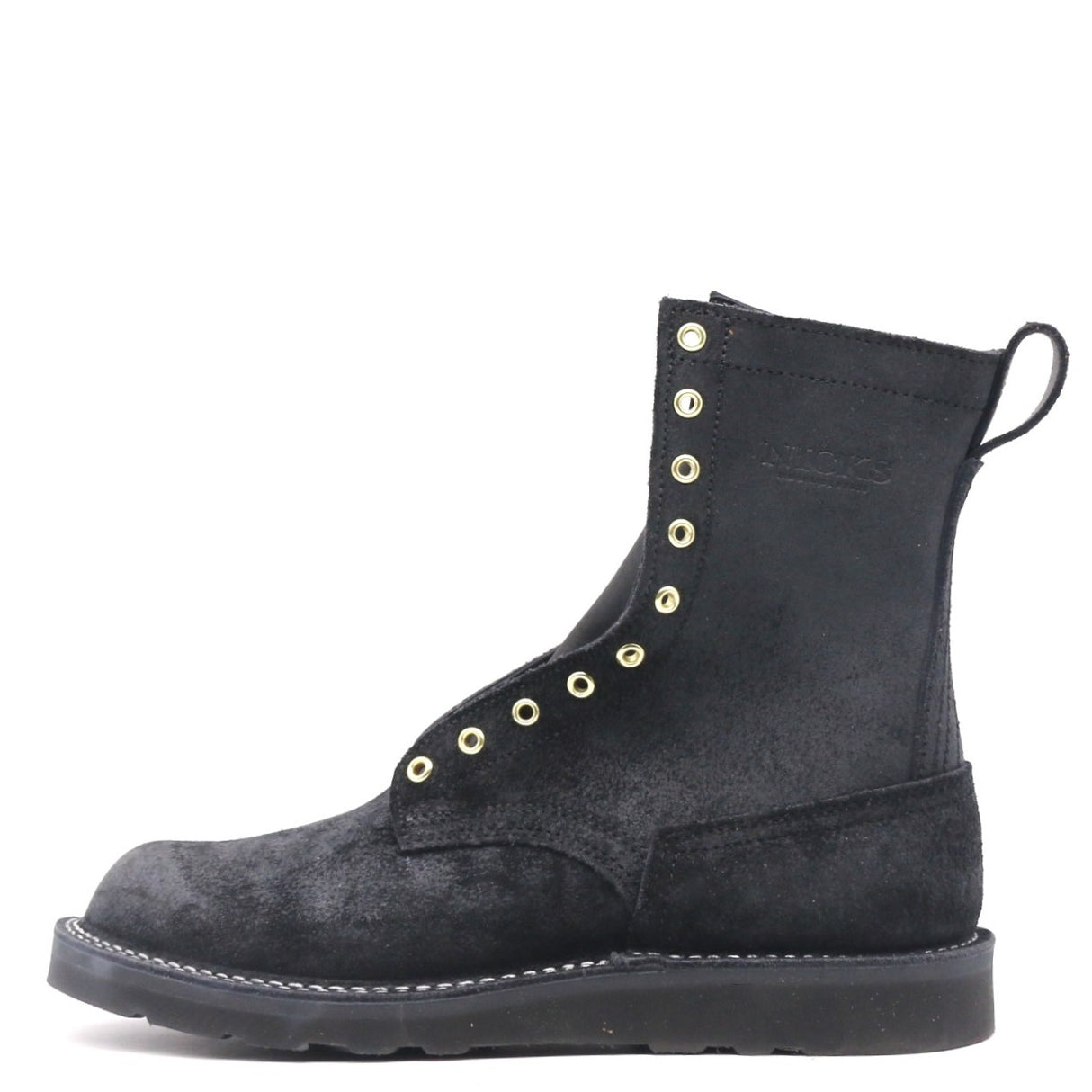 A black suede lace-up ankle boot with gold-tone metal eyelets and stitching, shown from a side profile on a white background.