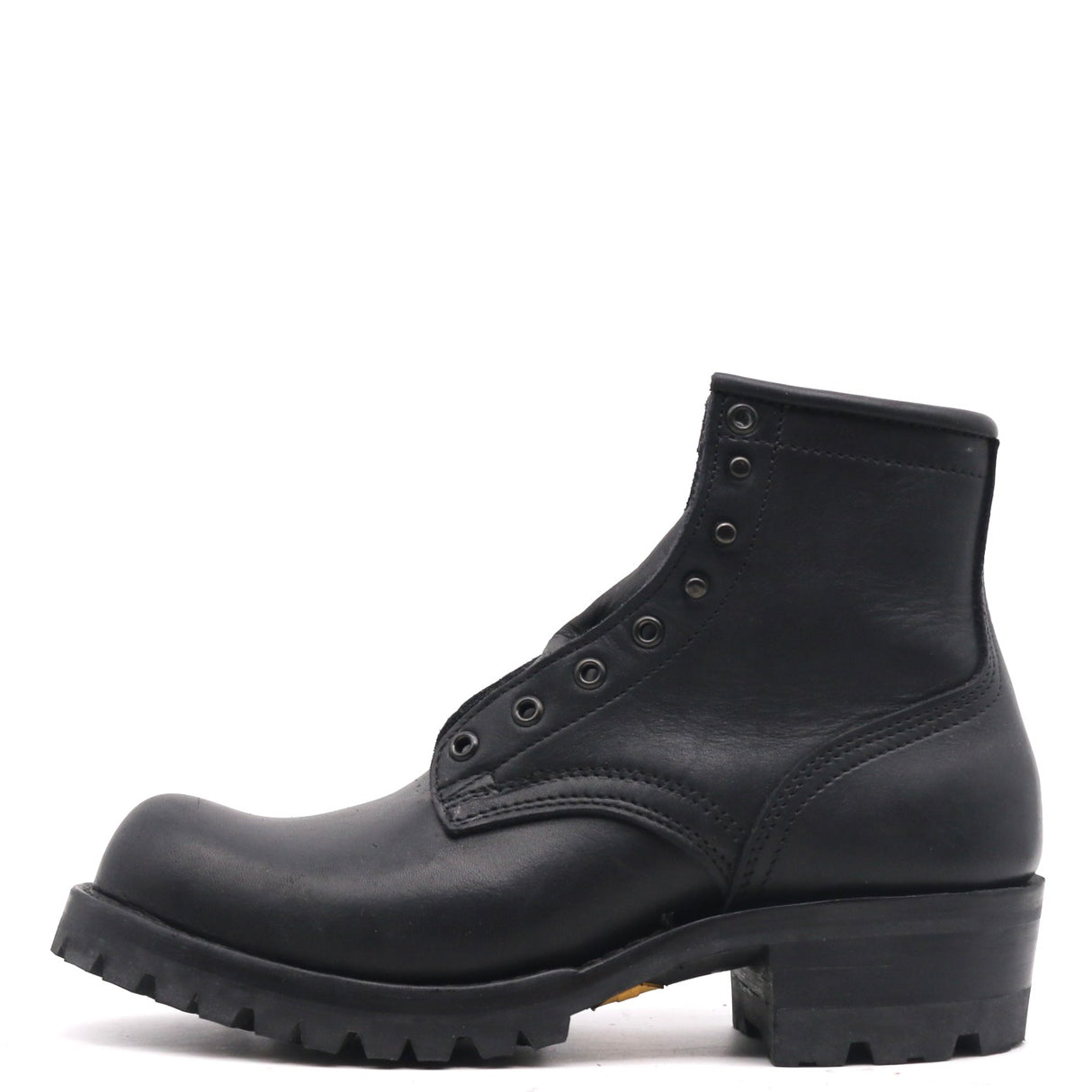 A single black leather lace-up ankle boot with a chunky lug sole and low block heel, shown from a side profile on a white background.