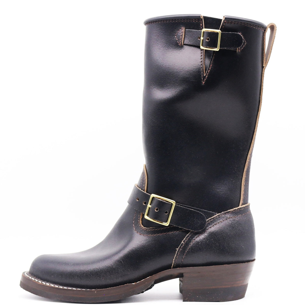 Black leather StationMaster pull-on engineer boot with brass buckles and stacked heel side view