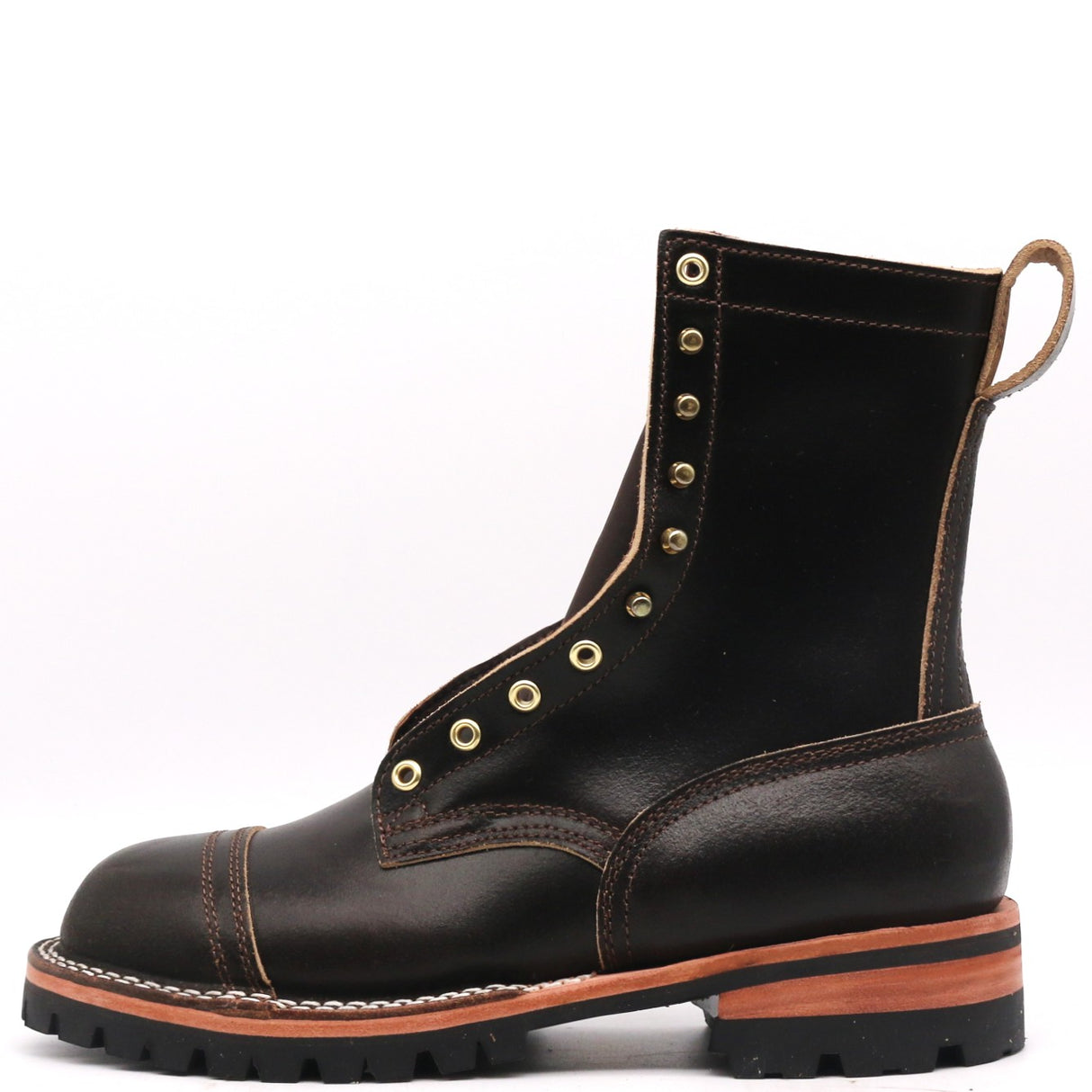 A single dark brown leather lace-up boot with brass eyelets, contrast stitching, and a rugged lug sole, shown from a side profile on a white background.