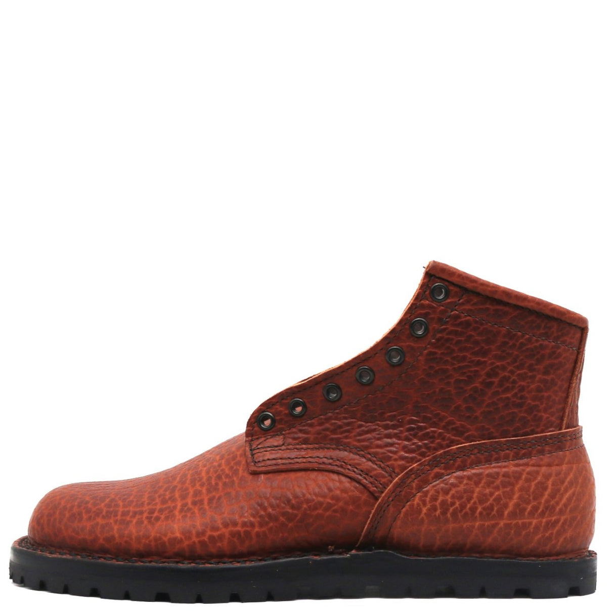 A single brown textured leather ankle boot with black metal eyelets and a black sole, shown in a side profile on a white background.