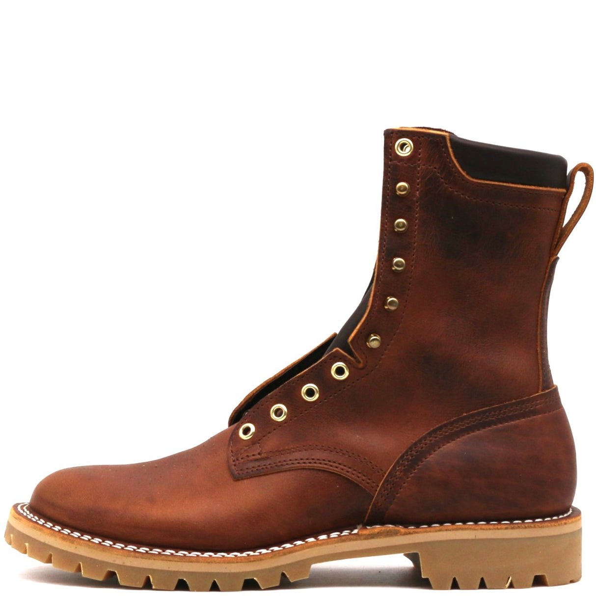 A brown leather lace-up ankle boot with brass eyelets, a pull tab, and a tan lug sole, shown from a side profile on a white background.