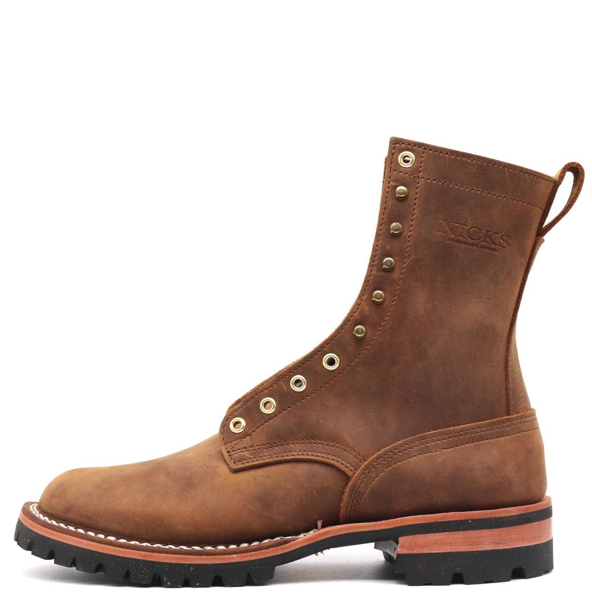 A brown suede lace-up ankle boot with brass eyelets, a pull tab, and a rugged black sole, shown from a side profile on a white background.