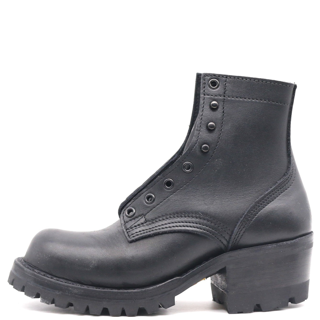 A black leather ankle boot with a chunky lug sole, low block heel, and decorative metal eyelets on the side, shown against a plain white background.