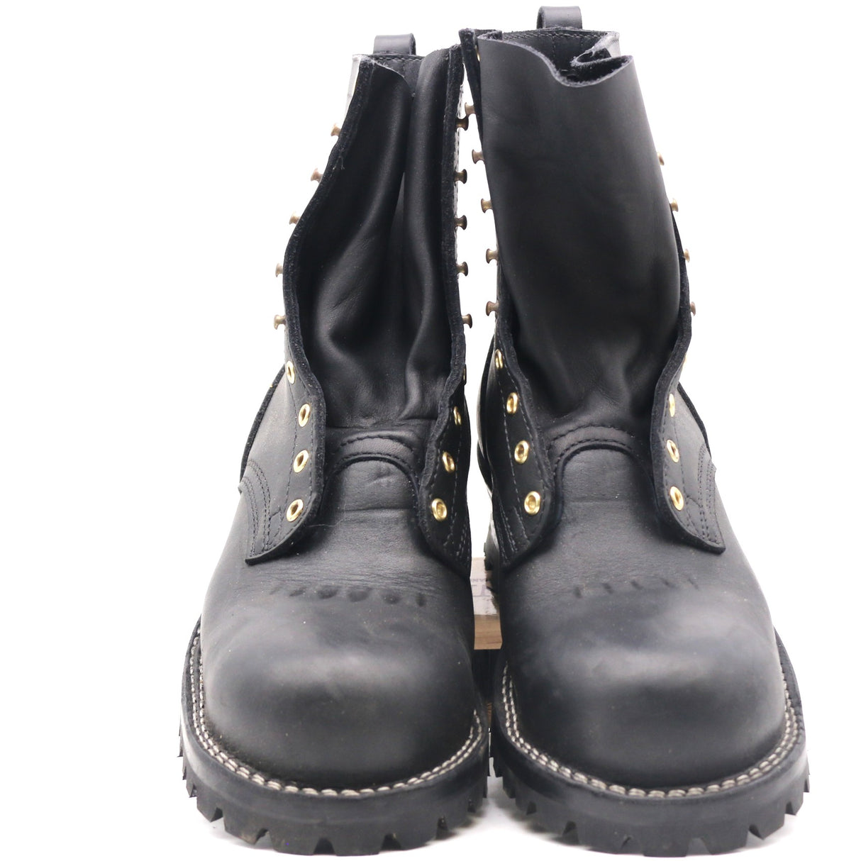 A pair of black leather lace-up ankle boots with gold-tone metal studs and eyelets, photographed against a plain white background.