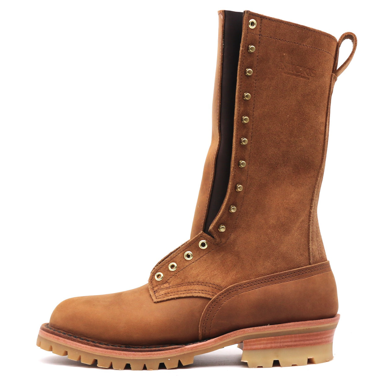 A tall brown suede lace-up work boot with brass eyelets, a pull loop, and a thick lug sole, shown from a side profile on a white background.