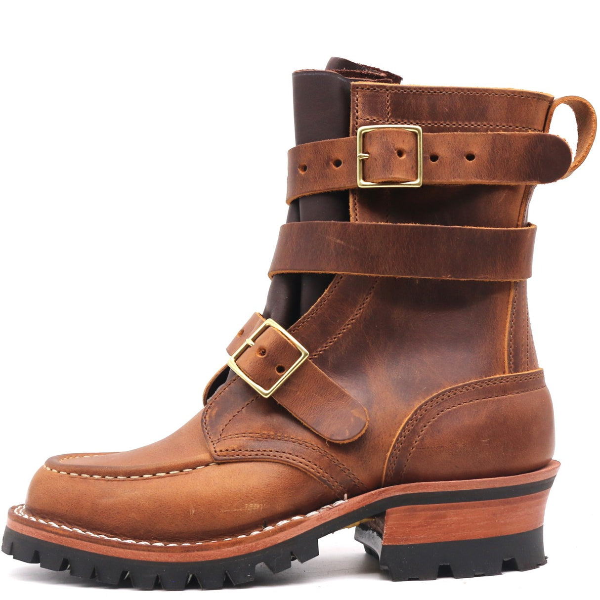 A brown leather ankle boot with three adjustable straps and gold-tone buckles, set against a plain white background.