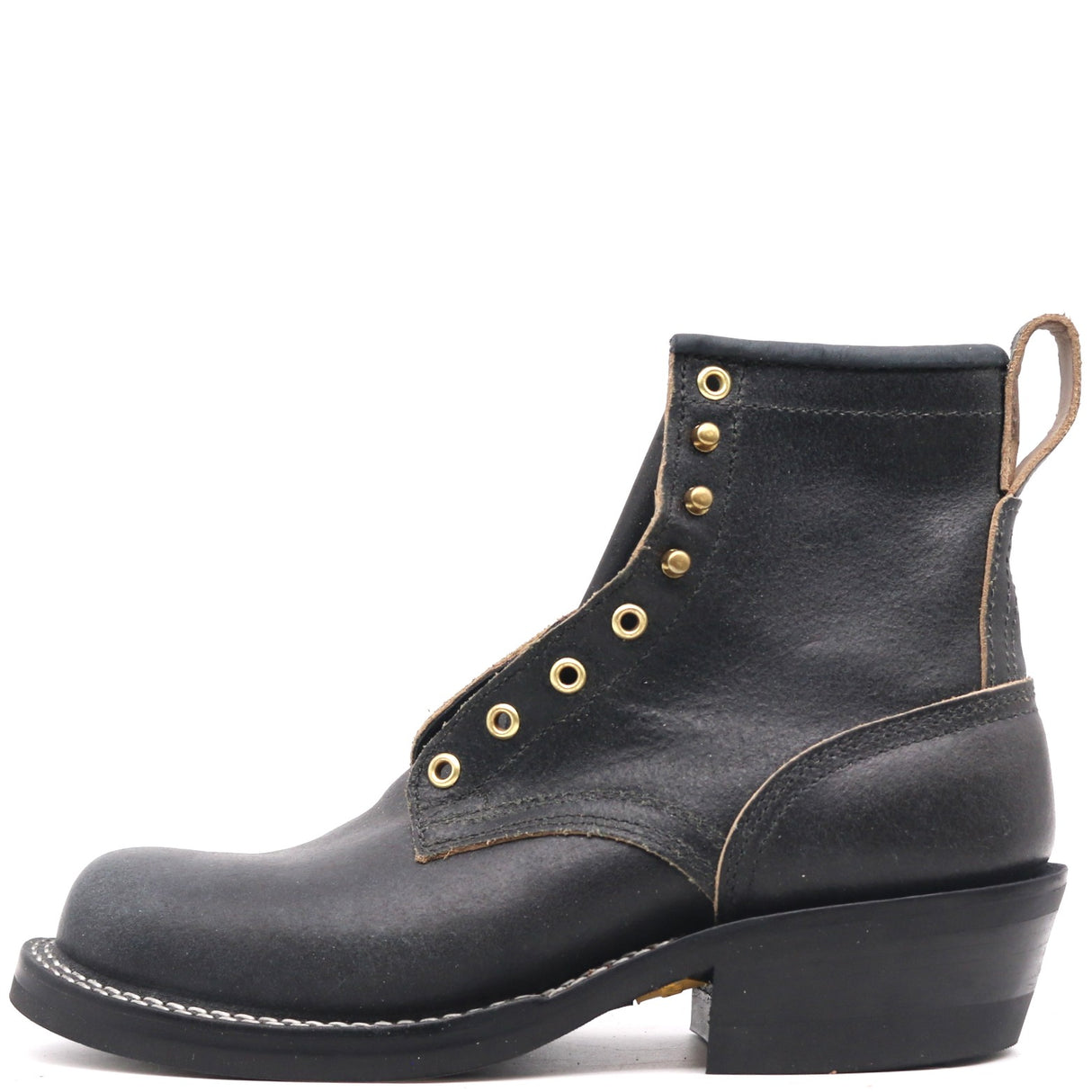 A black leather lace-up ankle boot with gold-tone metal eyelets and a low block heel, shown in a side profile on a white background.