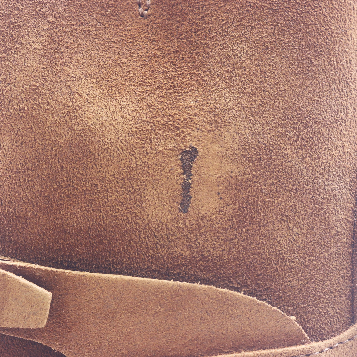 Close-up of a brown suede or nubuck boot material with a small dark stain or scuff visible near the center.