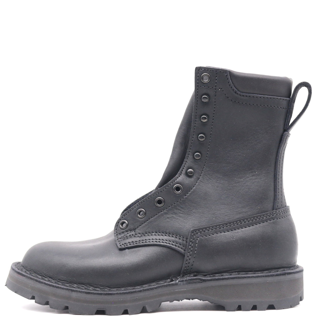 A dark gray leather lace-up ankle boot with a pull tab, shown from a side profile view against a plain white background.