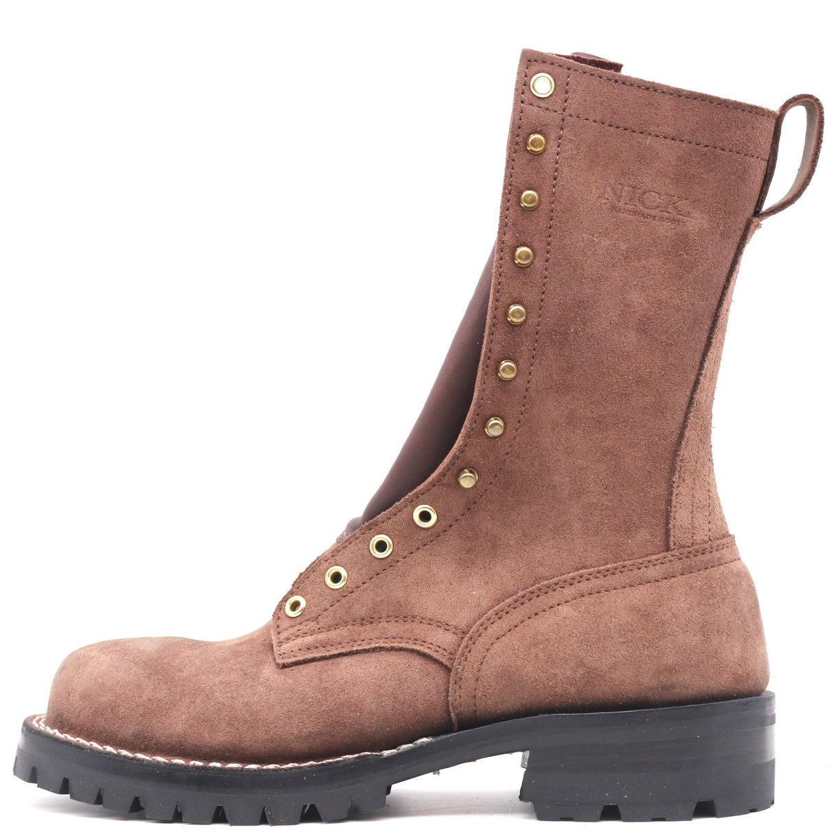 Tall brown boot with white hardware and a lack lug outsole in front of a white background.