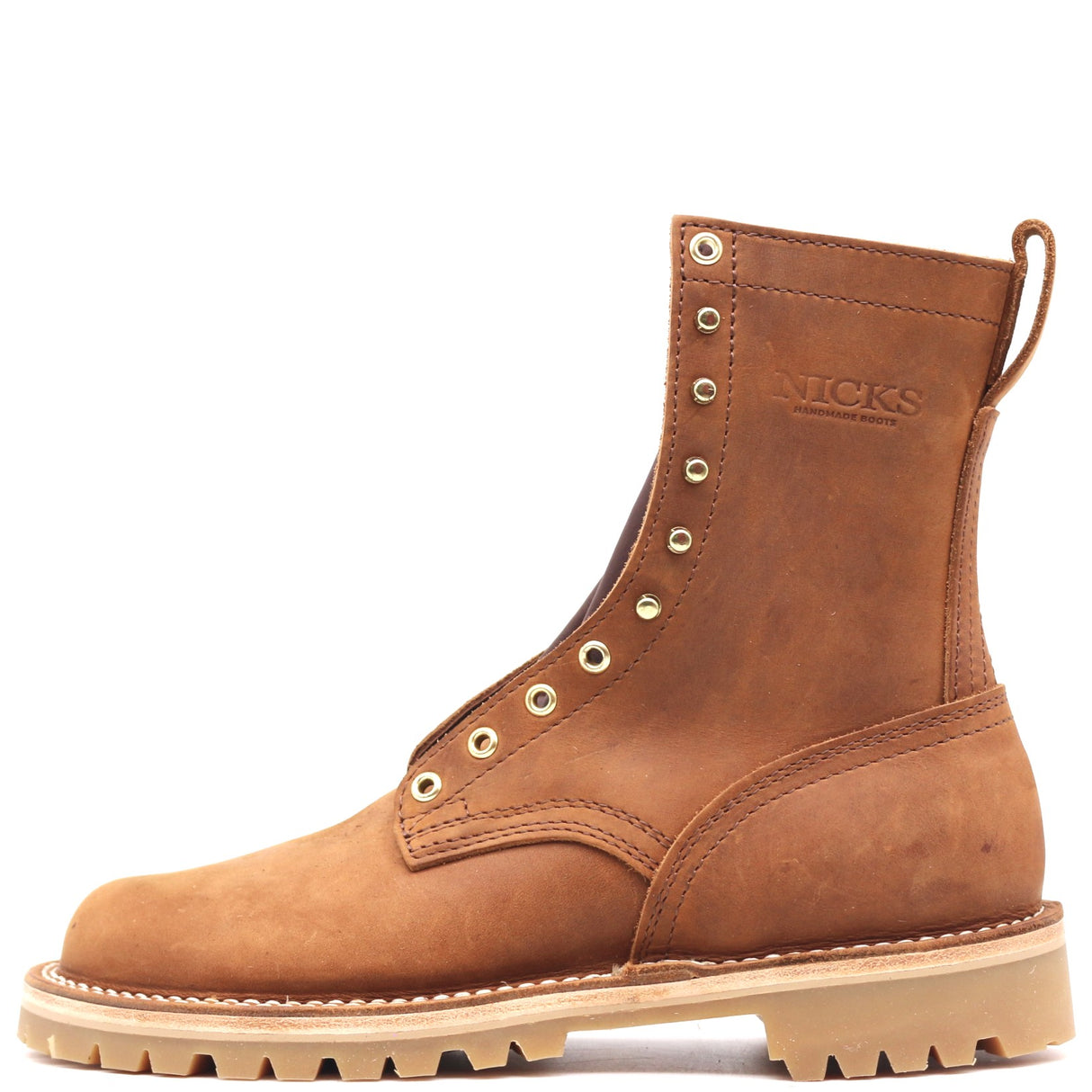 A single brown leather lace-up boot with metal eyelets, a pull loop, and a thick tan sole, shown in a side profile on a white background. The brand name 'HICKS' is embossed on the side.