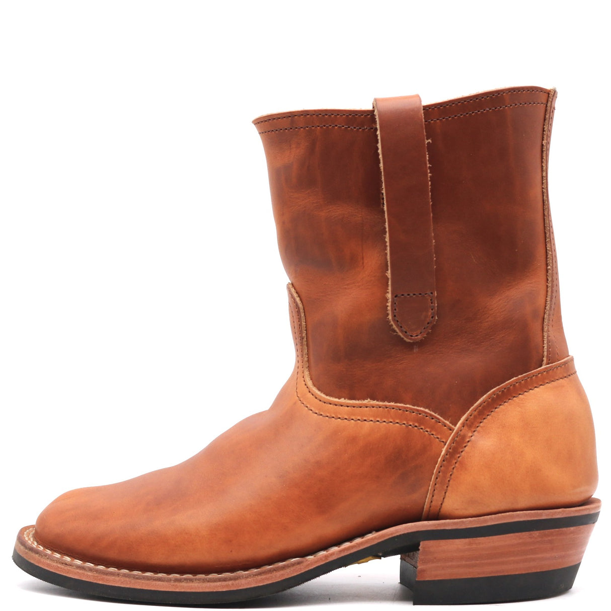 A single mid-calf western boot in distressed brown leather, shown from a side profile against a solid white background.