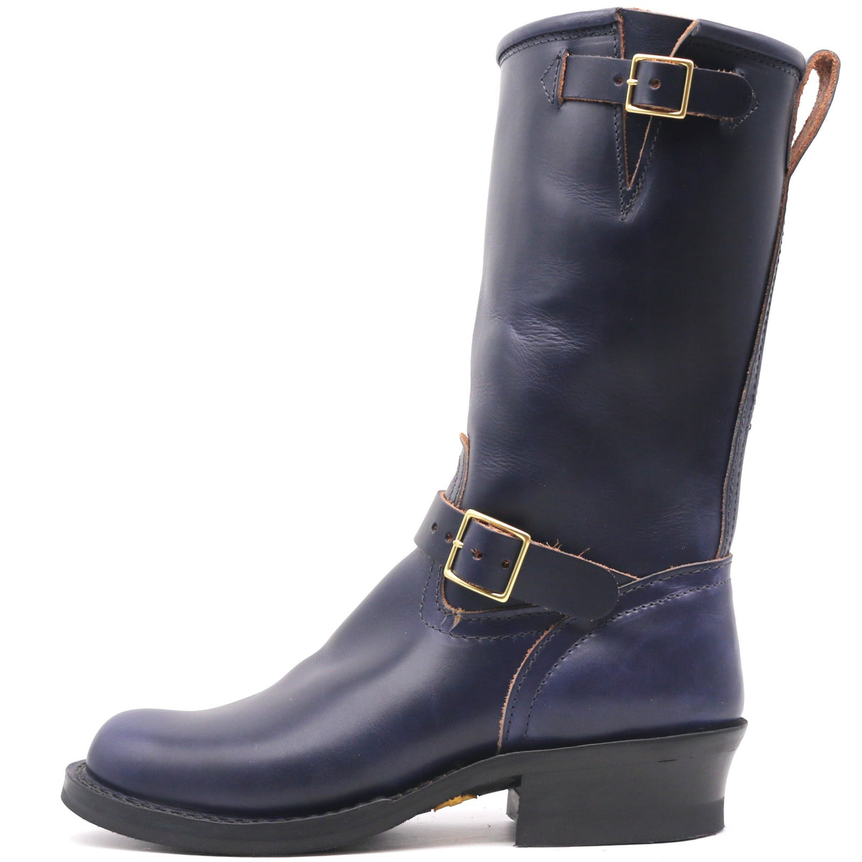 A dark navy blue leather mid-calf boot with gold-tone buckle straps and a black stacked heel, shown from a side profile on a white background.