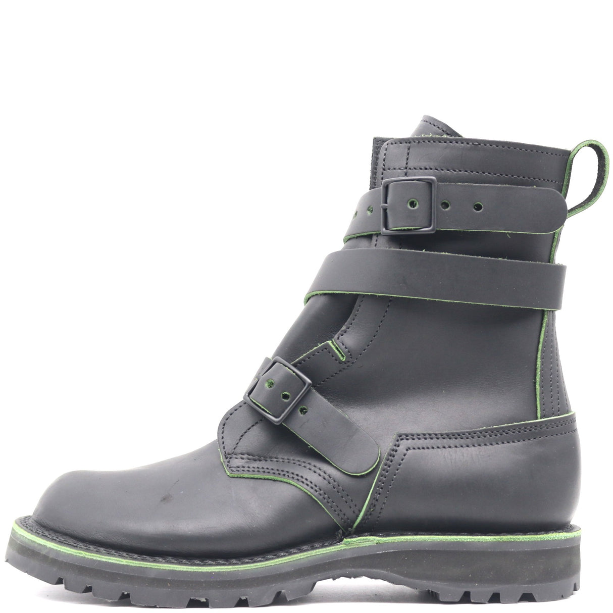Black Tanker style boot with two buckles and a Sierra outsole in front of a white background.