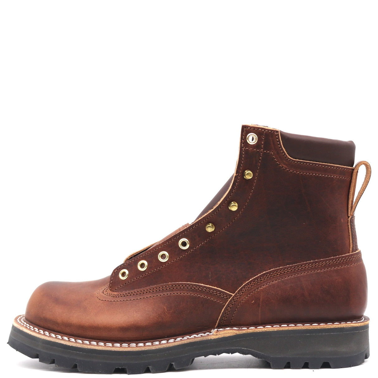 A brown leather lace-up ankle boot with brass eyelets, a pull tab, and a thick black lug sole, shown from a side profile on a white background.