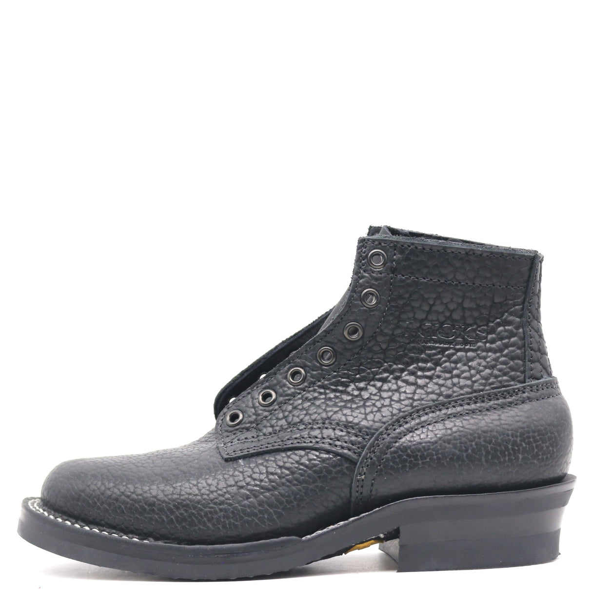 Photograph of a five inch black textured leather boot shown from the side in front of a white background.