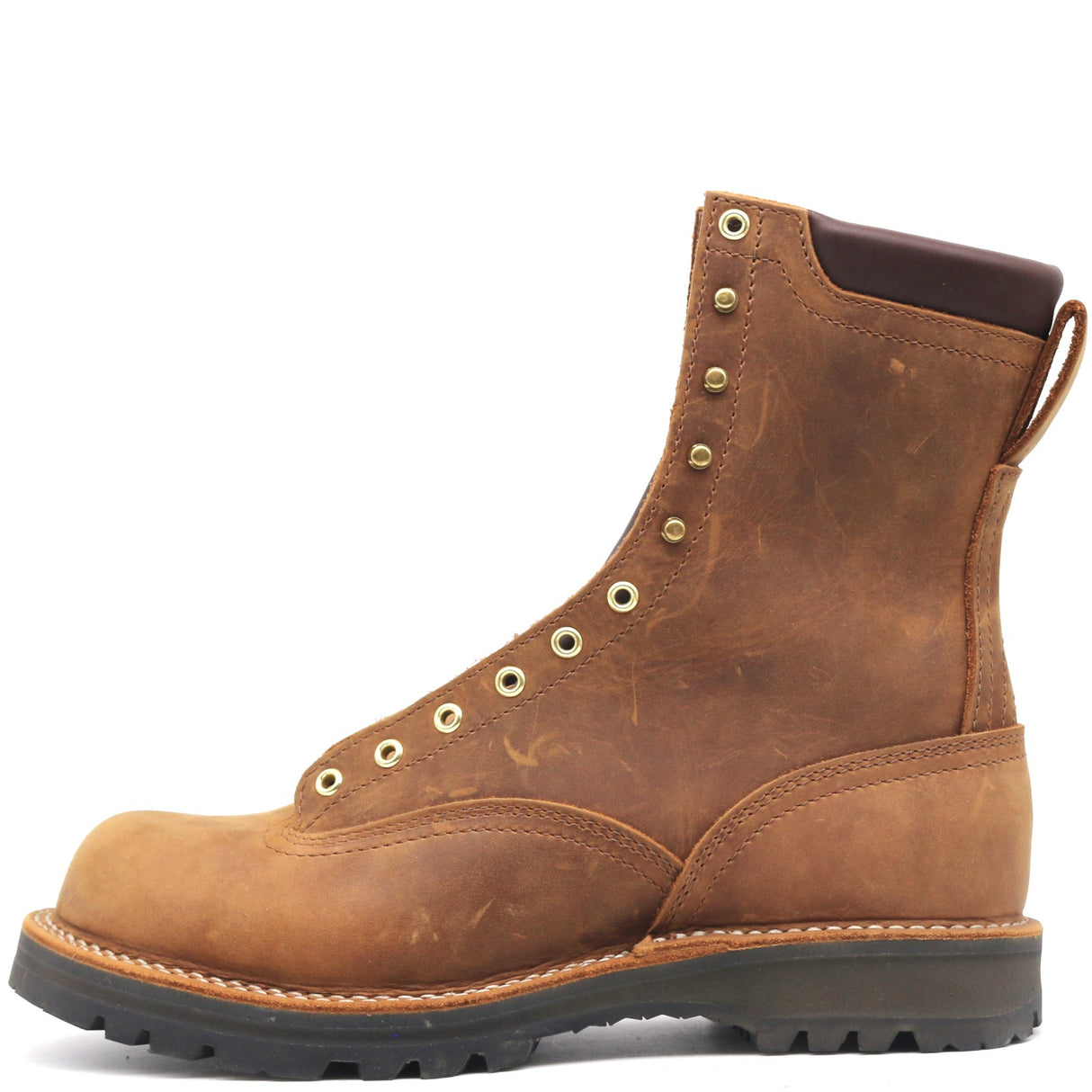 Tall brown lace to toe boot with padded top, brass hardware, and a Sierra outsole in front of a white background.