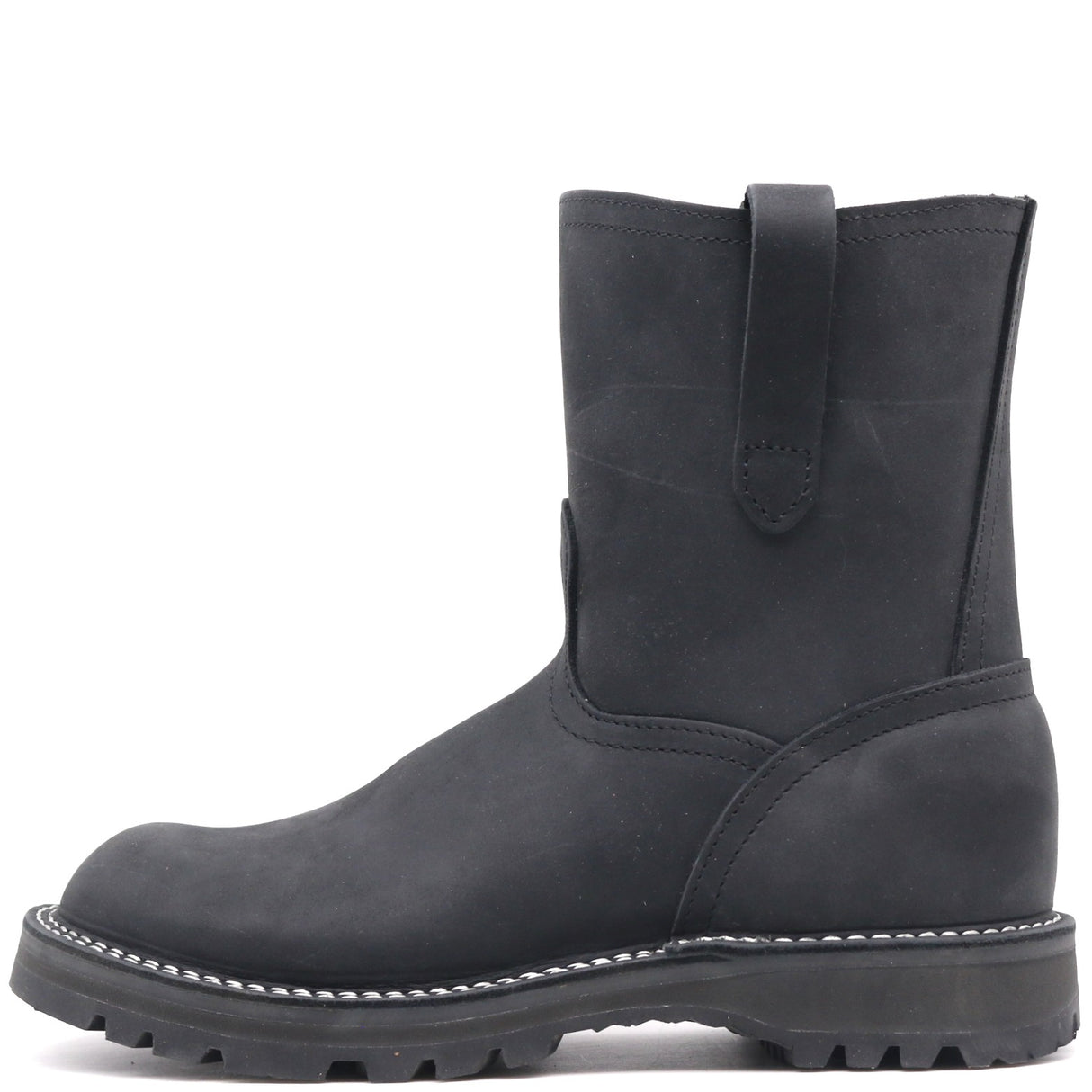 A single black leather ankle boot with a pull tab on the back, set against a plain white background.